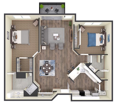 Floor plan for 2 beds, 2 baths, 1232 sqft